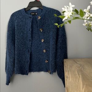 RD Style Navy Fuzzy Button-Up Cardigan